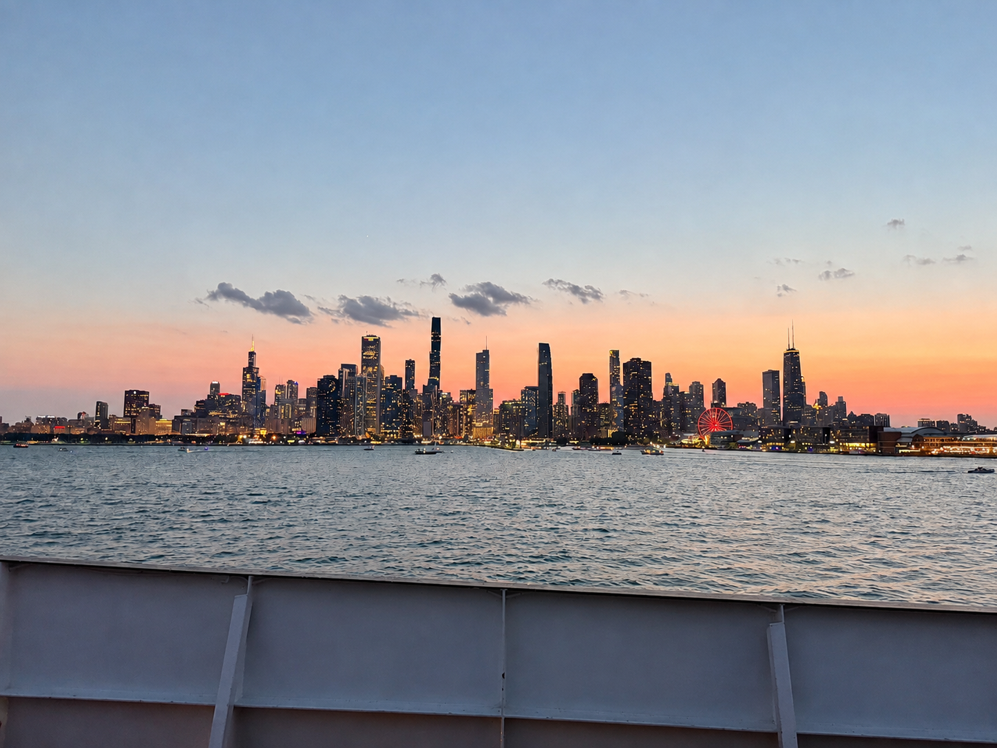 Chicago skyline at sunset viewed across the water